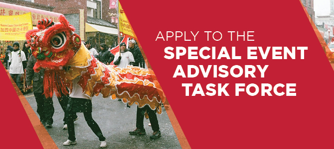 Special Event Task Force banner with a lion dancer on the street in Chinatown