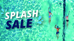 Three people swimming in a pool beside the words Splash Sale with water splash graphics