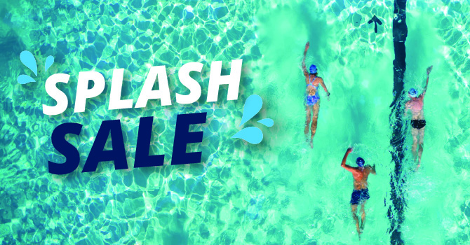 Three people swimming in a pool beside the words Splash Sale with water splash graphics.