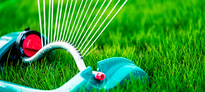 A sprinkler sprays water on grass