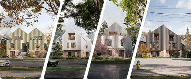 Collage of 4 houses that follow the standardized housing design