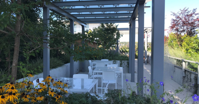 Patio chairs and tables under a terrace