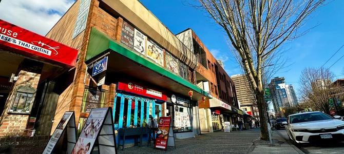 Storefronts along a Vancouver sidewalk