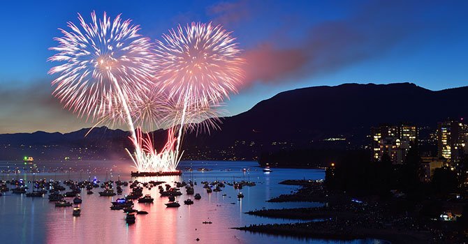 Fireworks over English Bay with boats on the water at dusk.