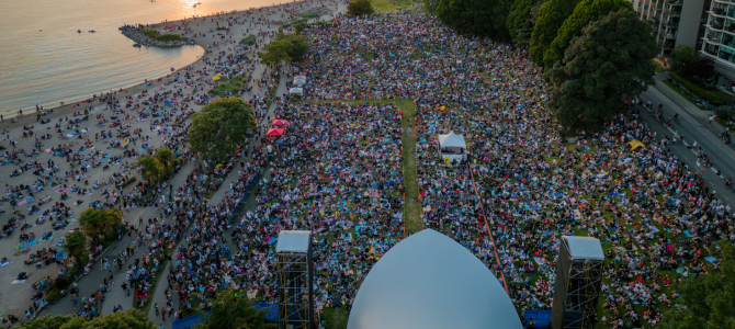 People attending the Symphony at Sunset open-air concert at Sunset Beach Park.