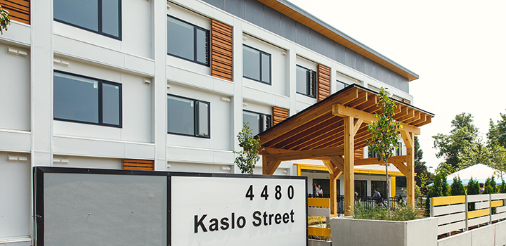 Exterior shot of temporary modular housing at 4480 Kaslo St