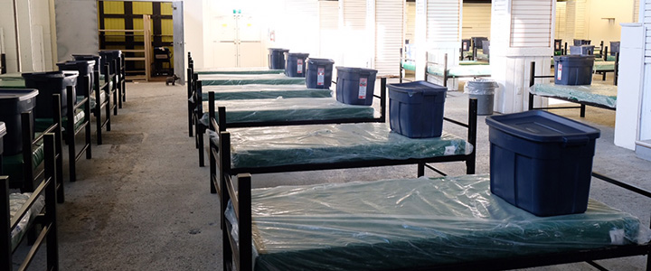 Beds in a temporary shelter