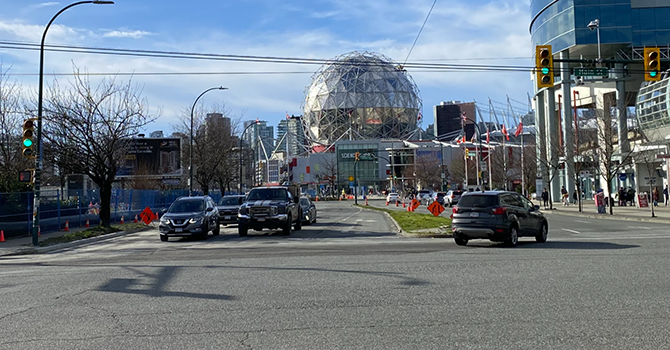 	Terminal intersection open to cars and pedestrians with Science World in the background