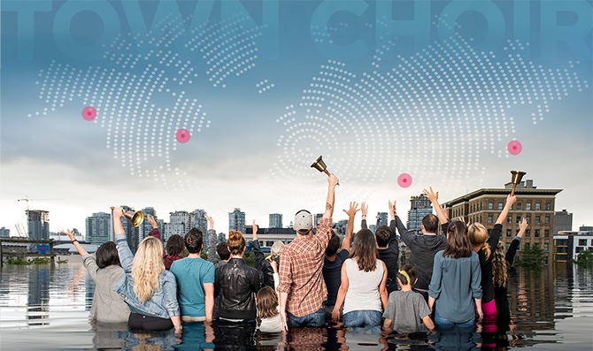 Town Choir - people in water with Vancouver skyline in the background