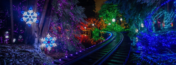 The Bright Nights Stanley Park train track in the forest surrounded by trees decorated with Christmas lights