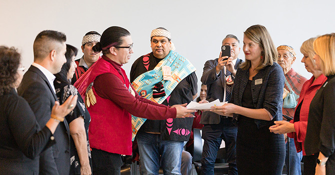 UNDRIP Task Force members and co-chairs, Squamish Nation Chairperson, Khelsilem, and Vancouver City Councillor, Christine Boyle, celebrate the release of the City of Vancouver’s UNDRIP Strategy at a ceremony at the Museum of Vancouver on October 19.