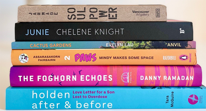 Stack of books featuring 2023 Vancouver Book Award finalists