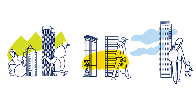 Illustration of people in a Vancouver cityscape with high-rise buildings and urban development