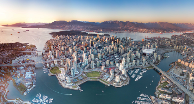 Aerial view of downtown Vancouver at sunset