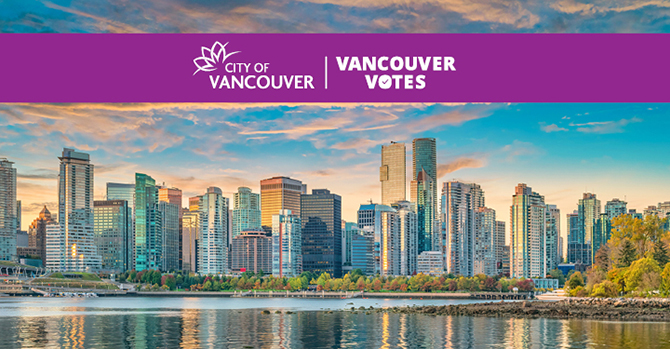 Vancouver landscape with a banner that reads Vancouver votes