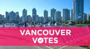 Mobi bikes next to False Creek with caption: Vancouver votes Mobi bikes next to False Creek with caption: Vancouver votes