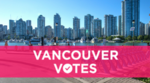 Mobi bikes next to False Creek with caption: Vancouver votes Mobi bikes next to False Creek with caption: Vancouver votes