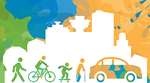 Illustration of pedestrians, cyclists, children, and seniors with Vancouver skyline behind Illustration of pedestrians, cyclists, children, and seniors with Vancouver skyline behind