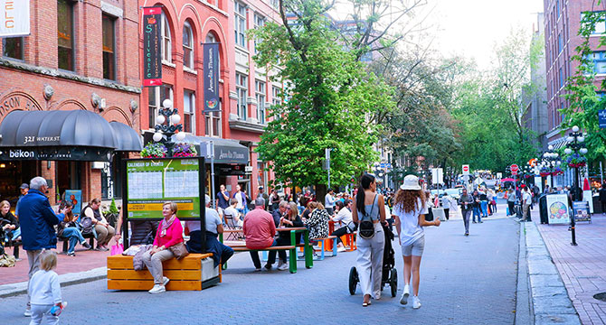 People walking on Gastown's Water Street during the Pedestrian Zone pilot