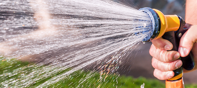 A hand held sprinkler is shown spraying water on grass