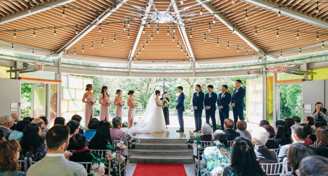 Wedding ceremony at Celebration Pavilion in Queen Elizabeth Park.