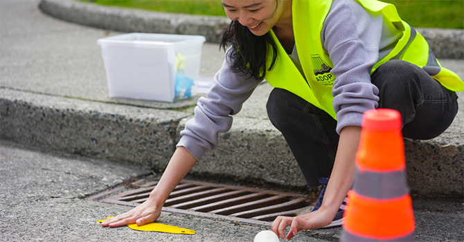 A person painting a yellow fish on the roadway A person painting a yellow fish on the roadway