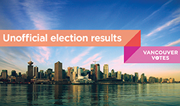 Vancouver waterfront with caption Unofficial results - Vancouver Votes