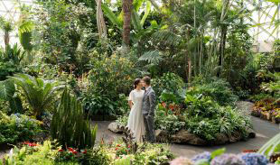 A couple posing for a photo in the tropical garden inside the Bloedel Conservatory.