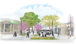 Rendering of the Cambie and 18th Avenue plaza with blooming trees, seating areas, people walking and sitting, and nearby storefronts.
