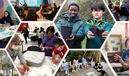 Collage of community climate action grant activities, including people planting trees, attending workshops, collaborating in groups, and engaging in educational and hands-on projects.