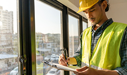 A person in construction wear holds a clipboard