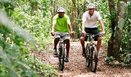 Two people riding bicycles on a trail