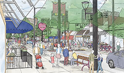Concept rendering of Davie Village with wider sidewalks, outdoor patios, seating, trees and people walking.