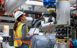 Engineer in safety gear inspecting industrial piping system indoors, holding a clipboard.