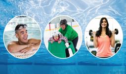 Three circular images showing a man resting at a pool, an adult helping a child skate, and a woman lifting dumbbells in a gym.