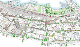 Illustrated bird’s-eye view of Gastown, showing streets, buildings, green spaces, and the nearby waterfront and rail tracks.