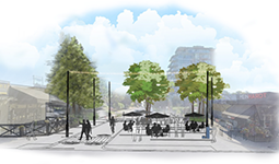 Rendering of a permanent plaza at Granville Street and West 14th Avenue with patio seating, umbrellas, trees, pedestrians, and nearby storefronts.