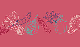 Line-art illustrations of various vegetables and spices on a pink background.