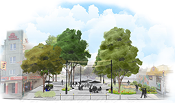 Rendering of Kamloops and Hastings plaza featuring green trees, seating areas, and pedestrians, under a clear sky.