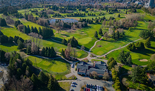 Aerial view of Langara Golf Course grounds and building