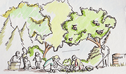 Drawing of people gardening
