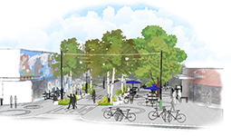 Rendering of a public plaza with seating, trees, and bike racks at Main Street and 14th Avenue.