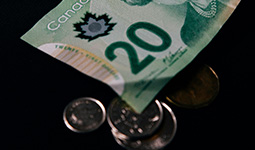 Close up for a 20 dollar bill and coins