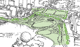 Sketch of the park areas in the Northeast False Creek Area Plan, with a larger Creekside Park