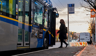 Person at bus stop with bus in front of them