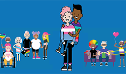 Illustration of queer youth and community members of different ages, abilities, and backgrounds celebrating together.