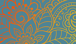 Colourful banner featuring a mandala-inspired floral design, with outlines of flowers in shades of red, orange, and teal