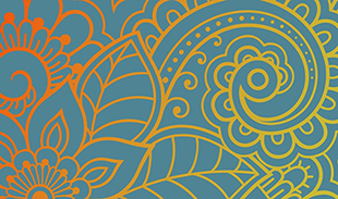 Colourful banner featuring a mandala-inspired floral design, with outlines of flowers in shades of red, orange, and teal