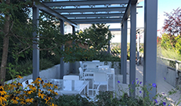 Patio chairs and tables under a terrace
