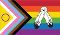 Inclusive Pride flag with Two-Spirit feathers and intersex, trans, and BIPOC stripes.